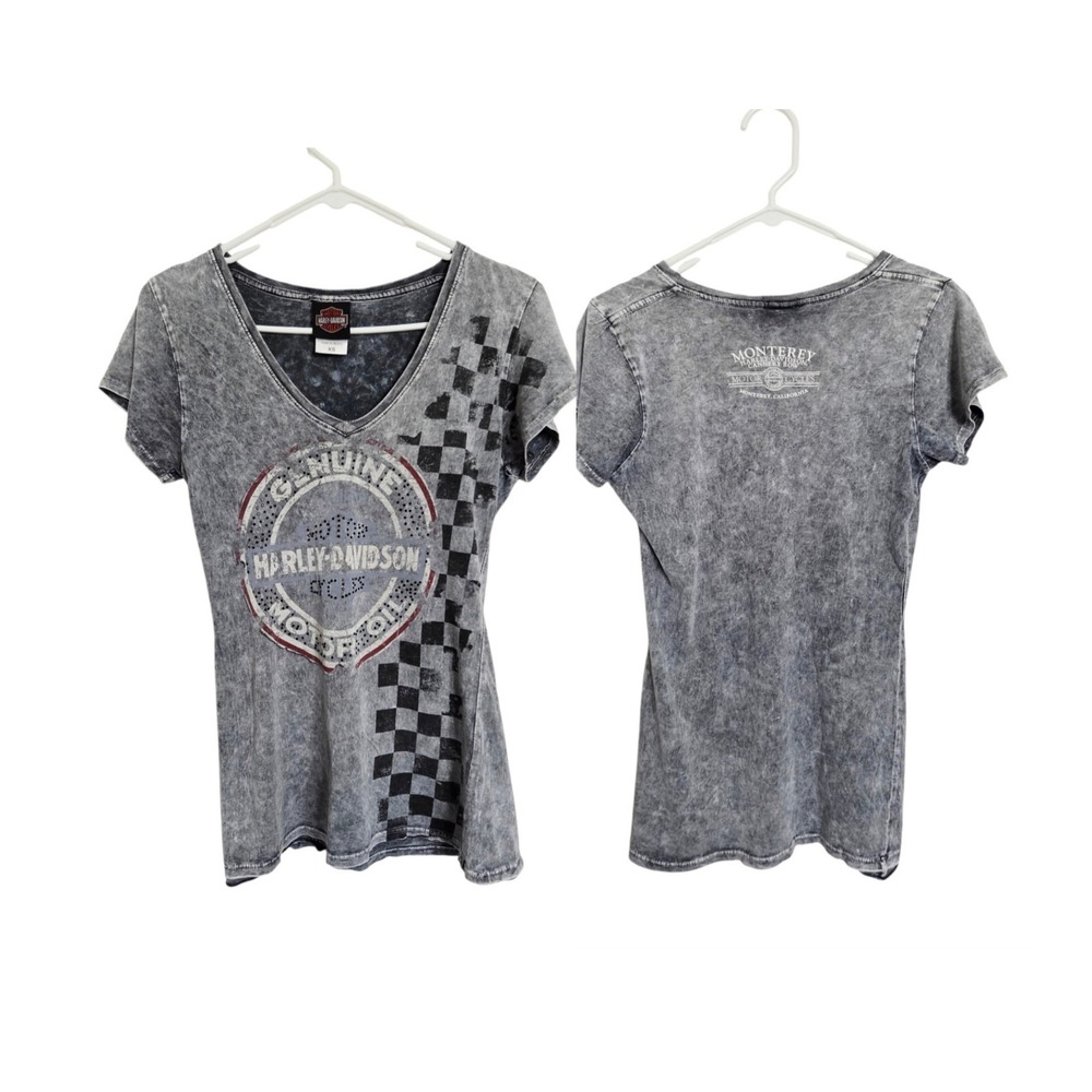 VTG Y2K Harley-Davidson Monterey CA Acid Wash V-Neck Graphic Tee Womens XS Moto